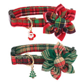 ADOGGYGO Christmas dog collar with red plaid and floral accent for festive photos.