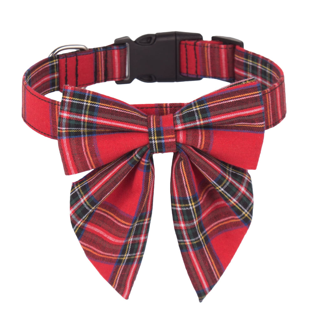 ADOGGYGO Christmas dog collar with bow in red plaid for festive, comfortable wear