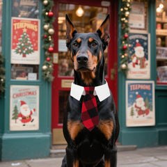 ADOGGYGO Christmas dog necktie plaid detail showcases red plaid fabric and tuxedo vibe.