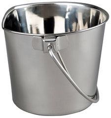 Advance PET Products 6Qt flat-side bucket hanging on a kennel reduces spills.