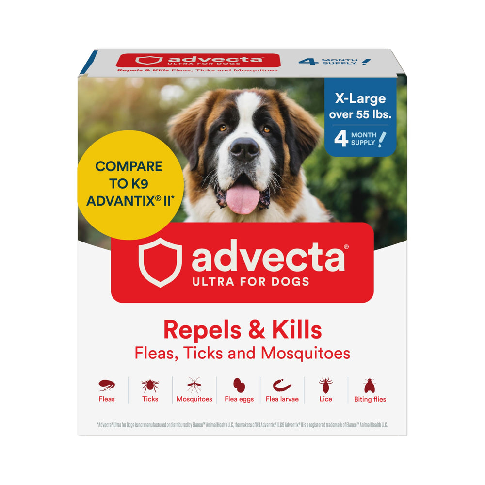 Advecta Ultra bottle pour demonstrates quick, long-lasting flea and tick protection for dogs.