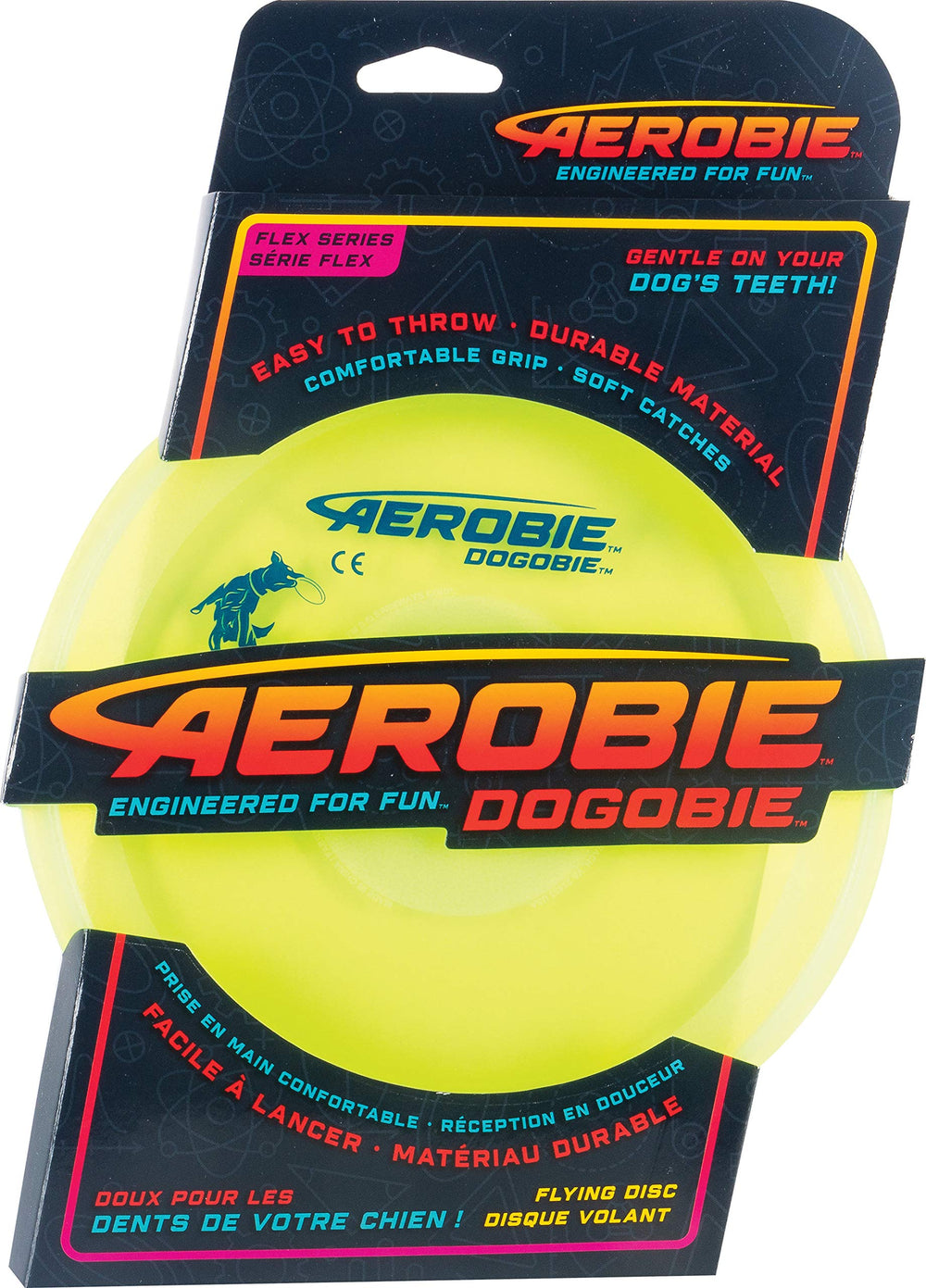 Aerobie Dogobie Disc shows an aerial throw with easy-grip flight for dogs.