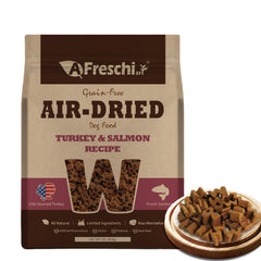 AFreschi air-dried turkey-salmon kibble in a bowl supports tasty, complete nutrition