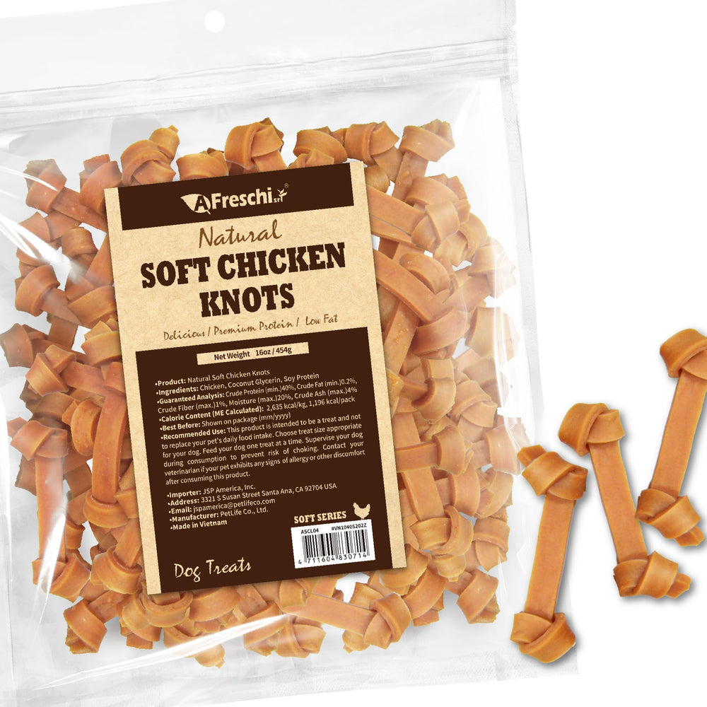Afreschi soft chicken dog treats packaging closeup shows natural grain-free rewards.