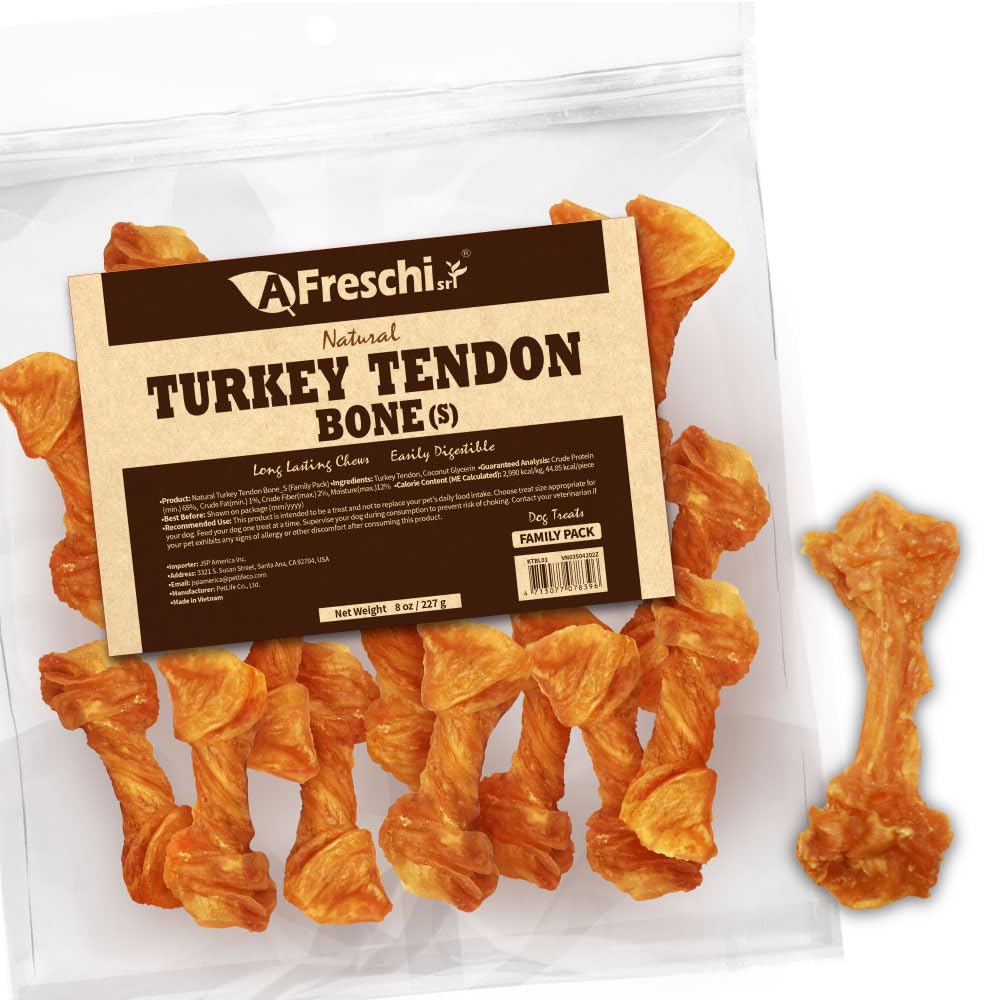 A Freschi srl turkey tendons 8oz pack in packaging—premium USA-sourced protein for dogs.