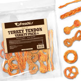A Freschi turkey tendons packshot 8oz highlights premium USA-sourced dog treats for healthy chewing.