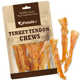 AFreschi Turkey Tendons packaging shows USA-sourced, all-natural dog treats.