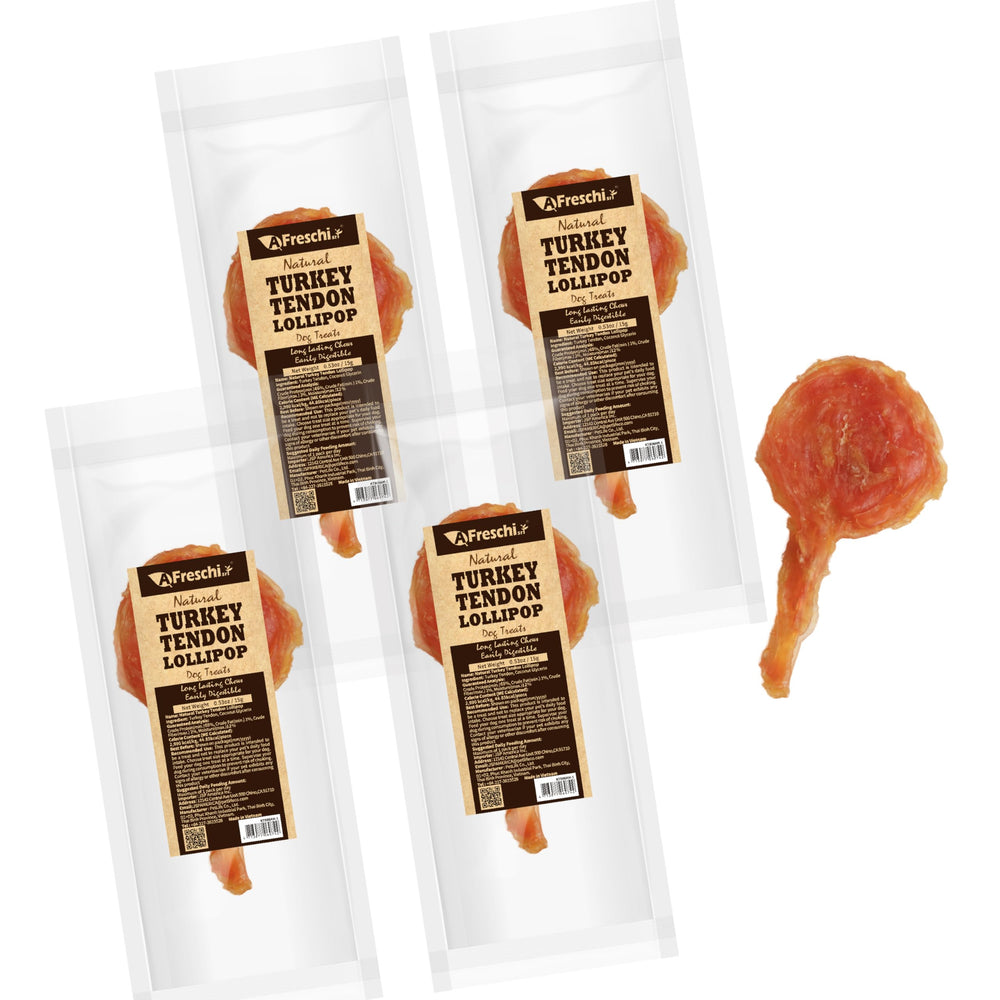A Freschi Turkey Tendons packshot highlights a long-lasting small-dog chew.
