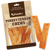 A Freschi Turkey Tendons USA-source pack highlights high-protein dog chew for training.