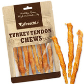 AFreschi Turkey Tendons for Dogs bag closeup highlighting USA-sourced grain-free ingredients