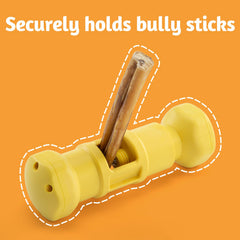 Agelux Bully Stick Holder shows serrated plates gripping the treat for steady chewing.