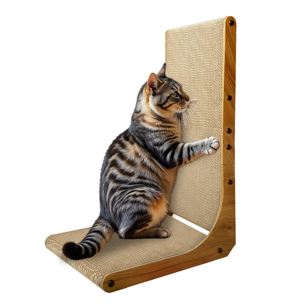 AGYM Cat Scratcher 26in L-shape front view shows furniture protection in action.