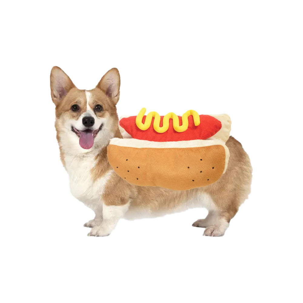 AIMICOCA hot dog costume on a dog for playful Halloween photos.