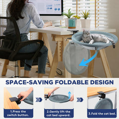 AIPERRO foldable cat desk bed attached to desk demonstrates secure mounting for lounging
