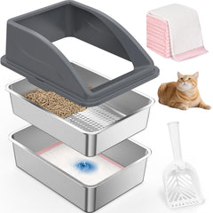 AIPERRO stainless steel litter box dual-layer pine pellet top view showcases dust-reducing sifting design