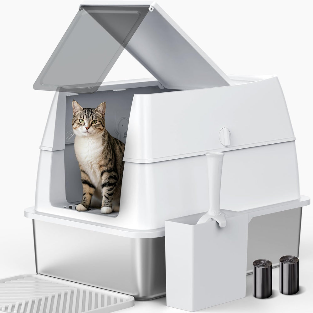 AIPERRO stainless steel litter box with lid showing secure flip-top for easy scooping.