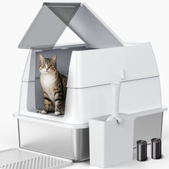 AIPERRO stainless steel litter box with lid showing secure flip-top for easy scooping.