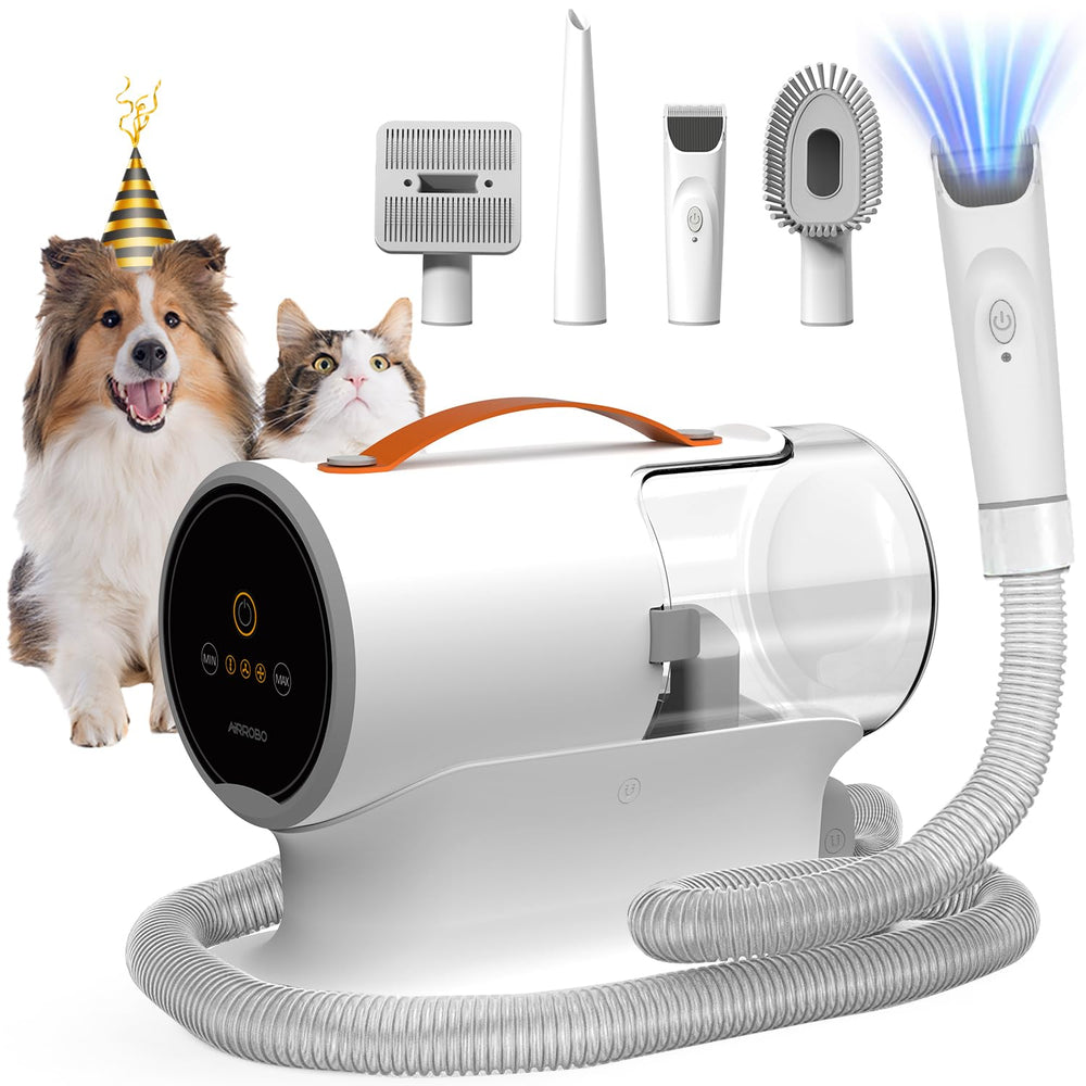 AIRROBO dog grooming vacuum kit packaging image reveals an all-in-one grooming setup for a cleaner home.