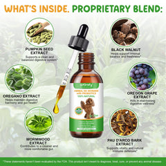 Akeeronn label close-up highlighting herbal digestive blend for dogs
