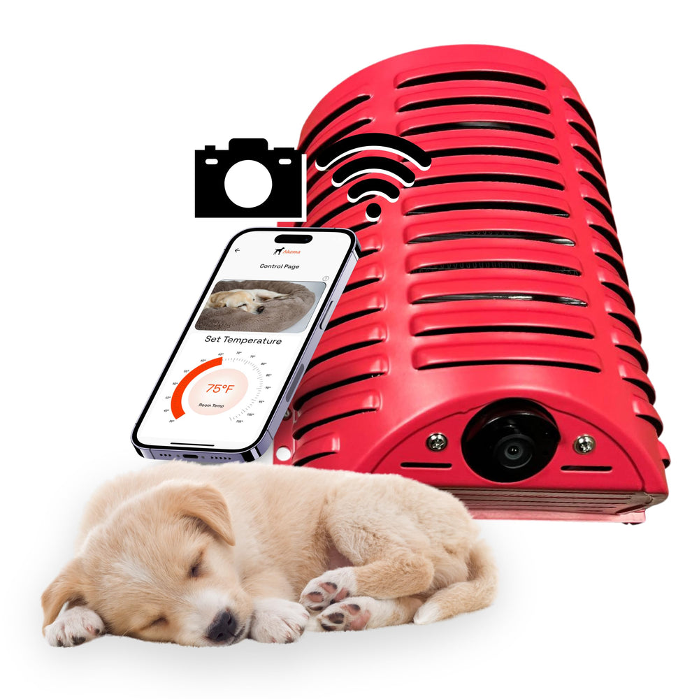 Akoma Hound Heater with Wi-Fi video view for remote pet monitoring.
