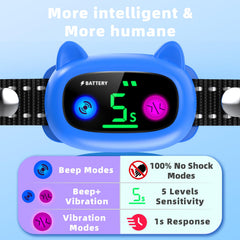 AKUVU Bark Collar blue LED interface shows battery level and mode