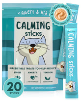 ALBERT & MIA lickable cat treats packaging promotes calm moments.
