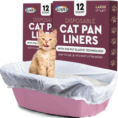 Alfapet cat litter liner with Sta-Put technology showing secure, mess-free fit on a pan.