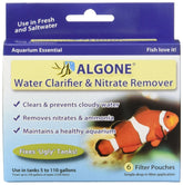 Algone water clarifier pouches in packaging support crystal-clear aquarium water.