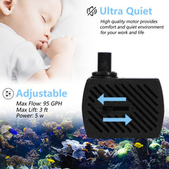 Alizzy 95GPH pump demonstrates durability and quiet operation in fish tanks and outdoor fountains.