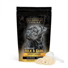 All American Canine Bulk & Bark weight gainer bag highlights a protein-dense meal topper for lean muscle.