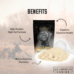 All American Canine whey-protein-dog-muscle powder is shown for muscle support.