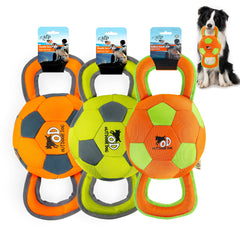 ALL FOR PAWS Ballistic Handle Ball Toy with squeaker in green for tug games.