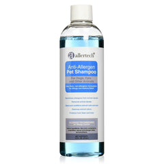 Allertech Anti-Allergen Pet Shampoo bottle highlights a non-toxic formula for cleaner fur.