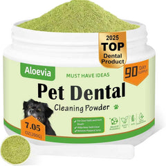Aloevia dog dental powder packaging front showing 90-day supply for all breeds