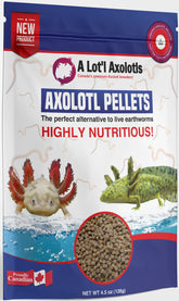 A Lot'l Axolotls axolotl pellets packaging highlights Canadian origin and high-protein carnivore nutrition.