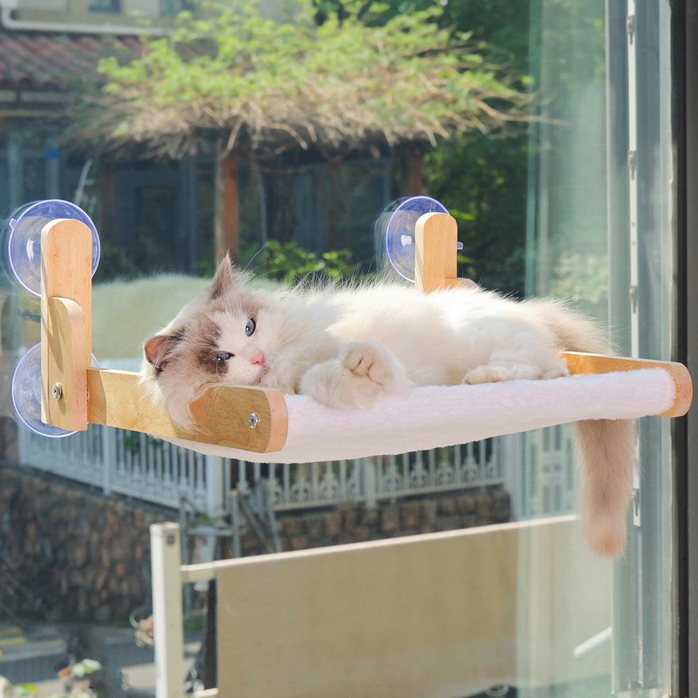 Aloxina cat window perch with wooden frame—sturdy support for large cats.