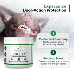 Alpha Dog Nutrition Fortify dental powder in-use during meals to promote clean teeth.