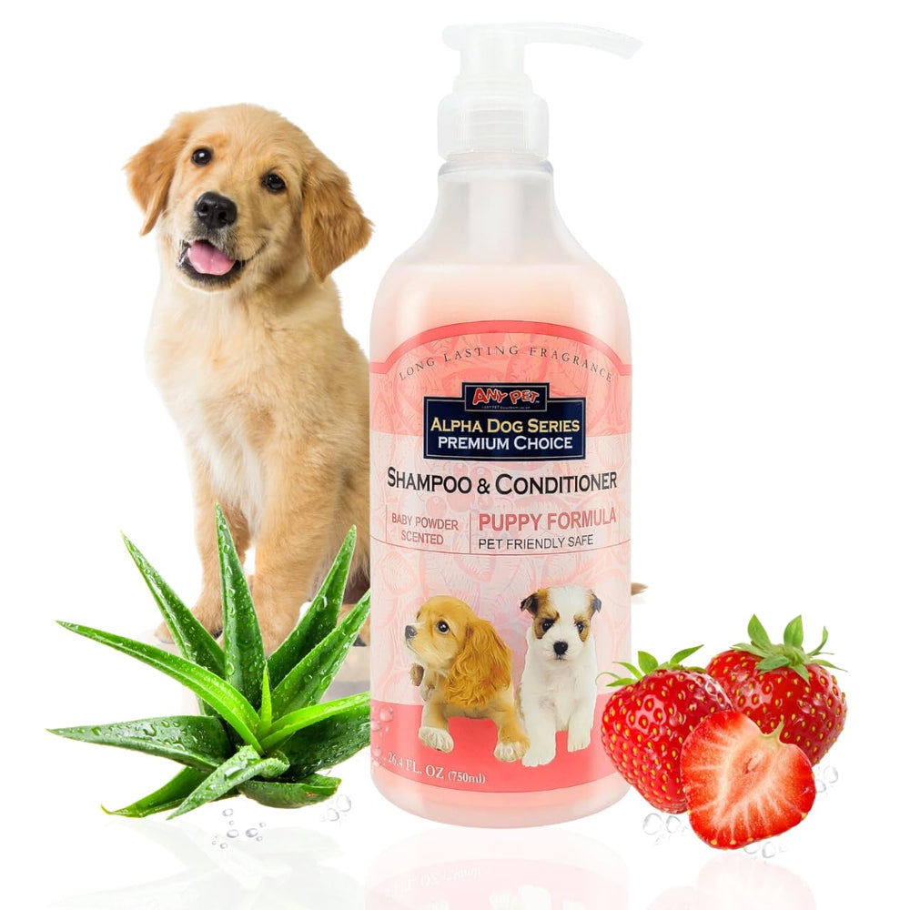 Alpha Dog Series Puppy Shampoo bottle front showing tear-free gentle cleansing for puppies