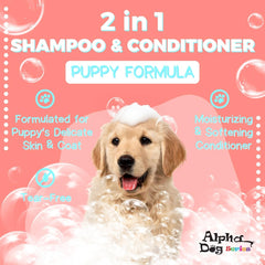 Alpha Dog Series Puppy Shampoo bottle side label highlighting pH-balanced formula for healthy skin