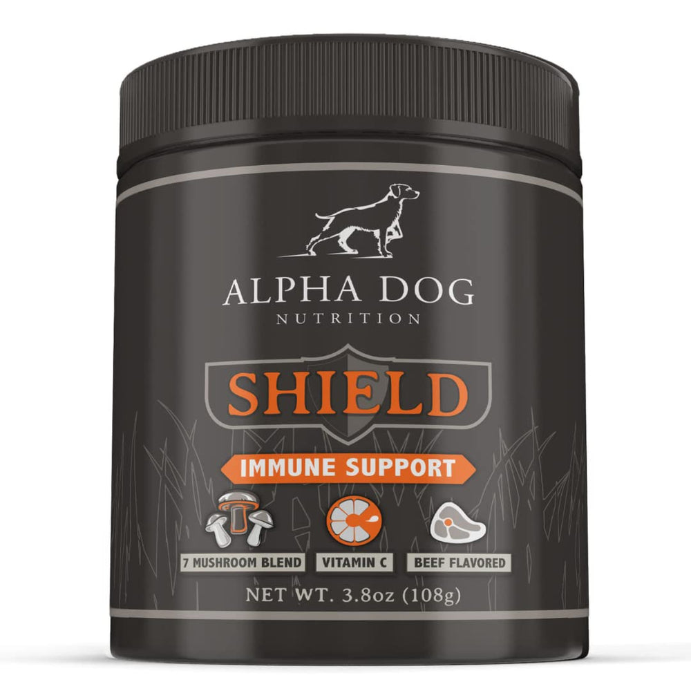 Alpha Dog Shield bottle front promotes immune support for dogs.