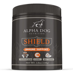 Alpha Dog Shield bottle front promotes immune support for dogs.