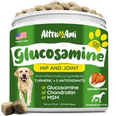 Altru-Ami dog glucosamine bottle label signals joint support for aging dogs