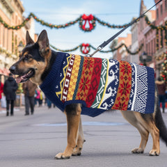 ALUZAEMO dog Christmas sweater multi-color panel showcases chic winter vibe for holiday celebrations.