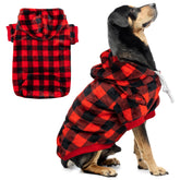 ALUZAEMO dog hoodie plaid warmth front view, ideal for cold-weather outings.
