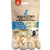 Amazing Dog Treats Beef Cheek Rolls Mega Thick bully dust packaging highlights premium rawhide alternative.
