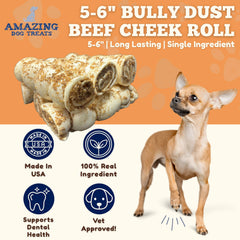 Amazing Dog Treats Beef Cheek Rolls Mega Thick closeup reveals textured chew for durability.