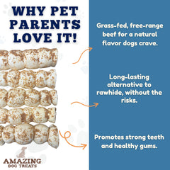 Amazing Dog Treats Beef Cheek Rolls Mega Thick rawhide alternative in action for power chewers.