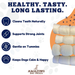 Amazing Dog Treats beef cheek rolls no-splinters label for safer rawhide alternative.