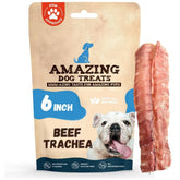 Amazing Dog Treats beef trachea packaging highlights premium, protein-rich chew.