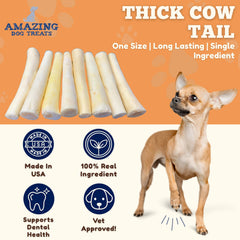 Amazing Dog Treats cow tail 6in chew closeup shows dense texture for vigorous chewing.